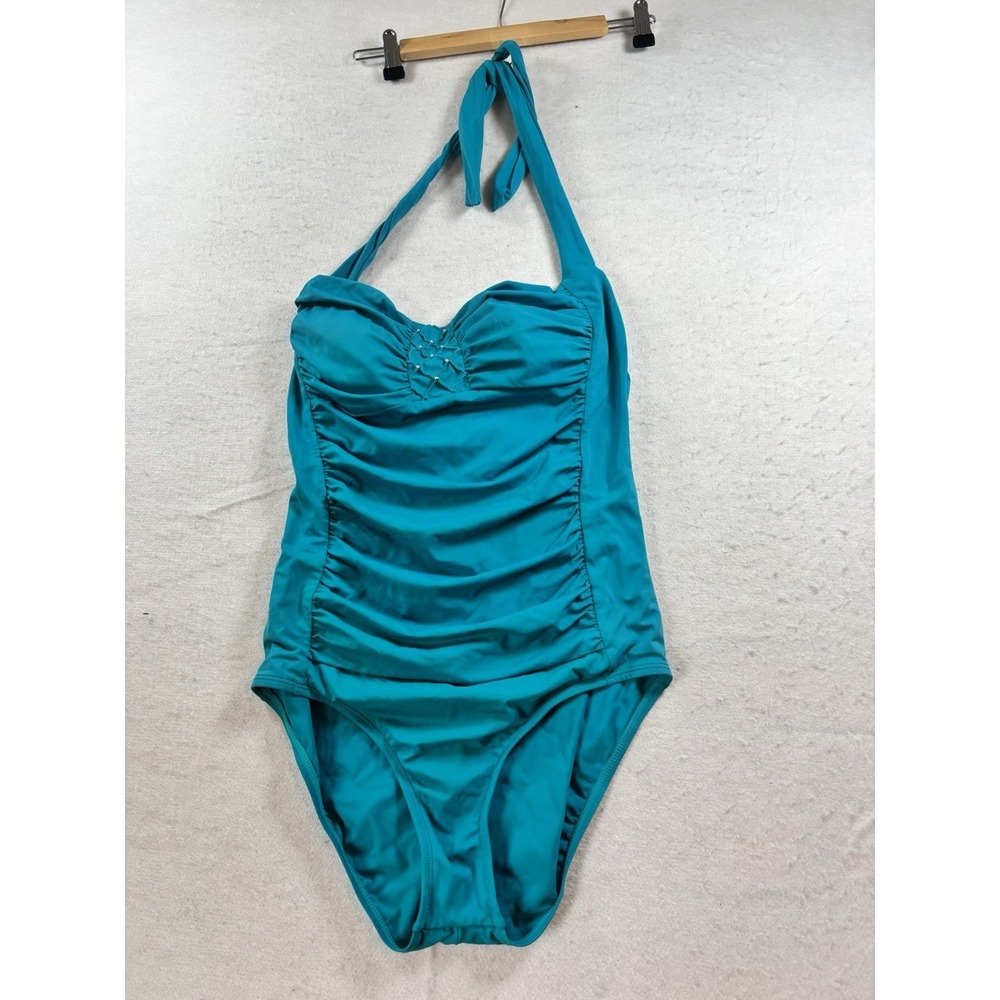 Jantzen Classics Women's 14 Turquoise One Piece Halter Swim Suit Slimming Tummy